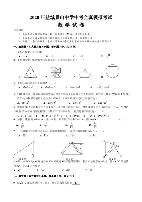2020年盐城景山中学中考全真模拟考试数学试卷