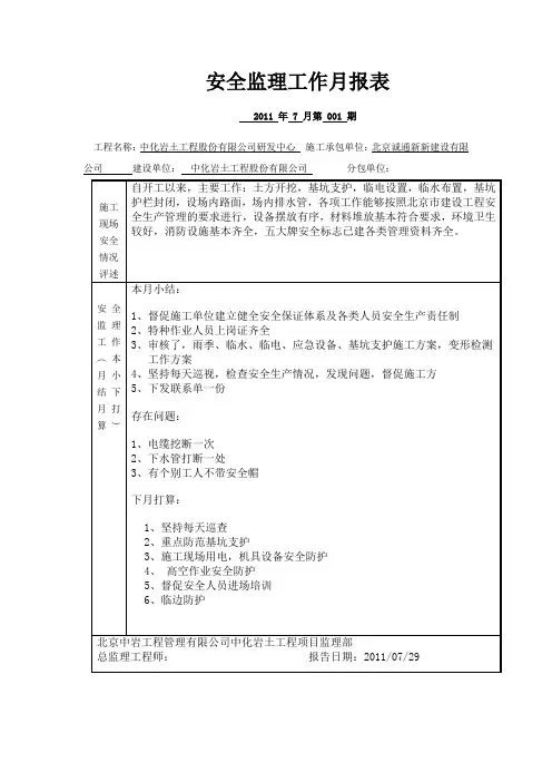 精品安全监理工作月报表