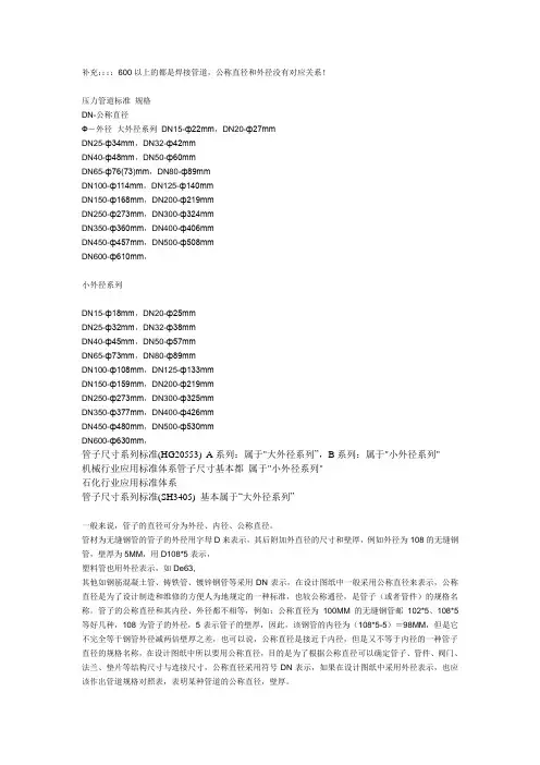 公称直径与钢管实际外径的对照表