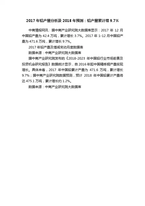 2017年铅产量分析及2018年预测：铅产量累计增9.7%