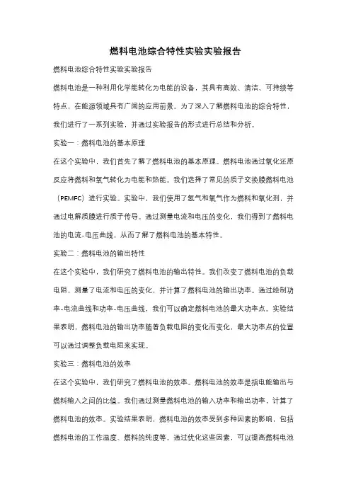 燃料电池综合特性实验实验报告
