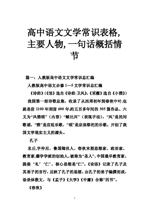 高中语文文学常识表格,主要人物,一句话概括情节