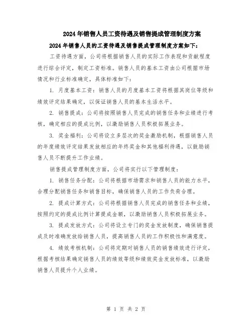 2024年销售人员工资待遇及销售提成管理制度方案