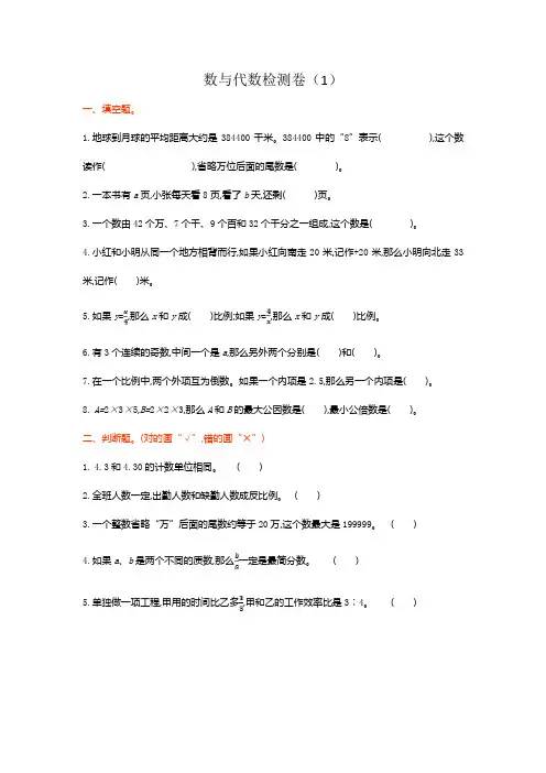 人教数学六年级下册数与代数检测卷(1)附答案