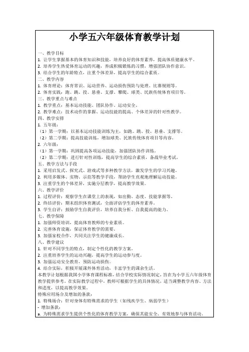 小学五六年级体育教学计划