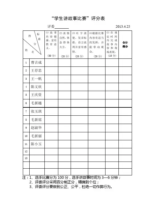 槐树小学学生讲故事比赛评分表