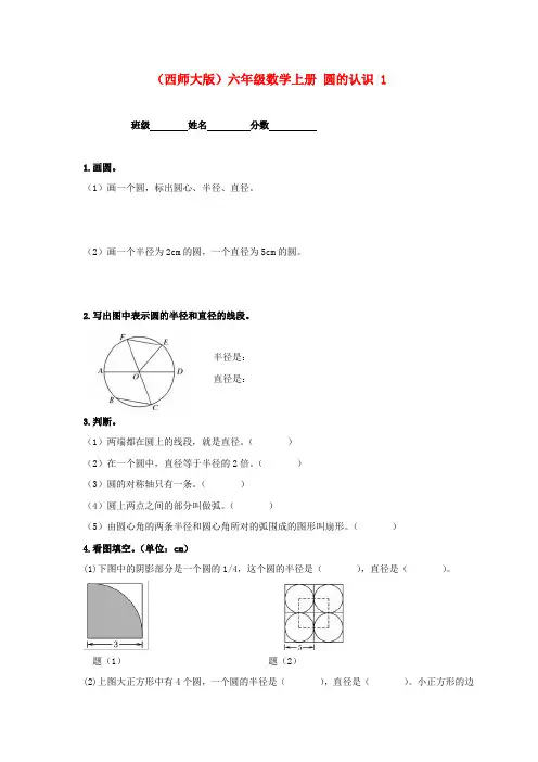 六年级数学上册 圆的认识 1练习 西师大版