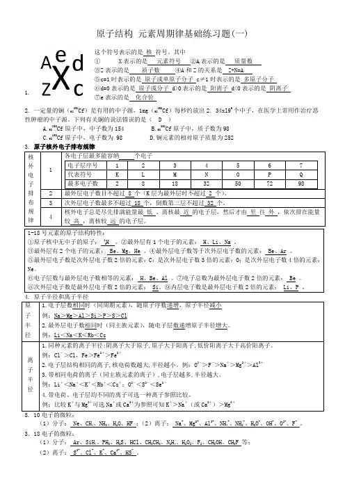 原子结构 元素周期律基础练习题参考答案