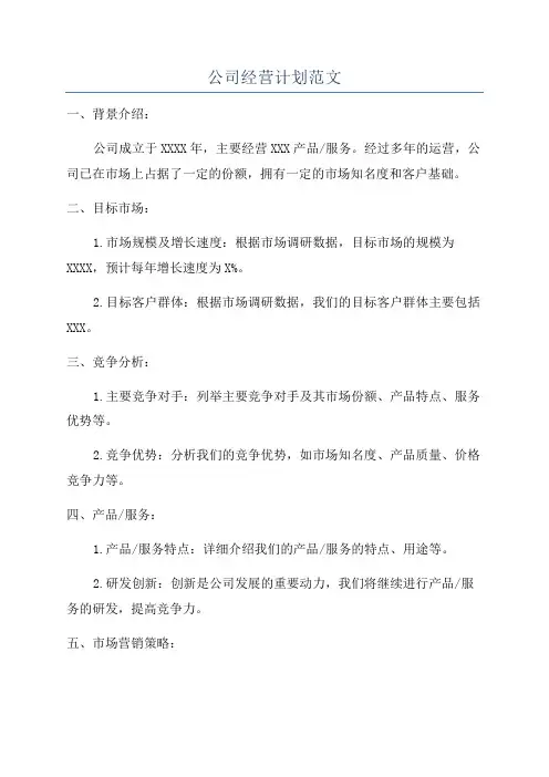 公司经营计划范文