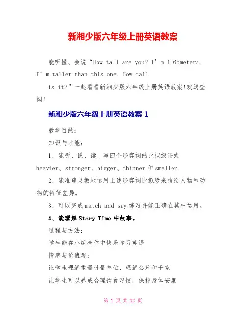 新湘少版六年级上册英语教案