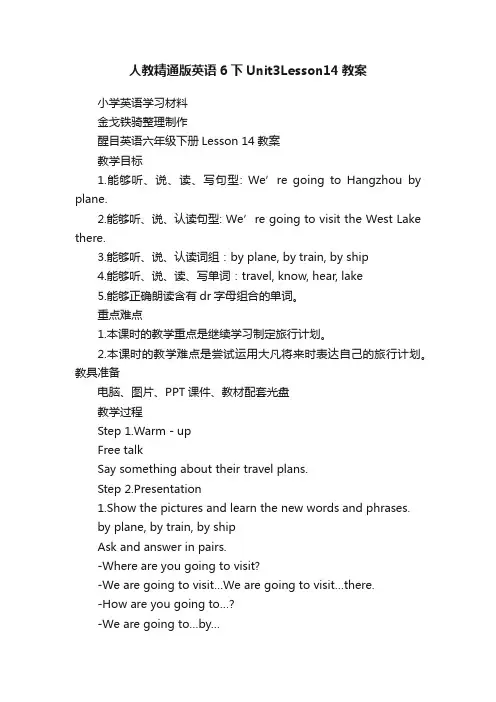 人教精通版英语6下Unit3Lesson14教案