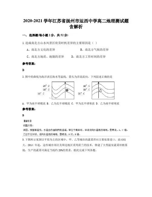 2020-2021学年江苏省扬州市运西中学高二地理测试题含解析