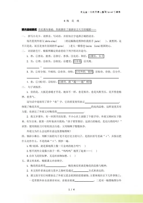 五年级上语文一课一练-梅花魂_13-14人教新课标