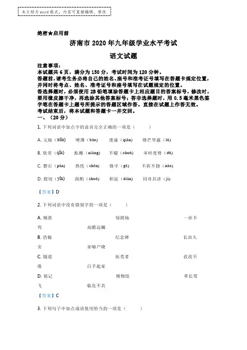 山东省济南市2020年中考语文试题原卷(含答案和详细解析)word版