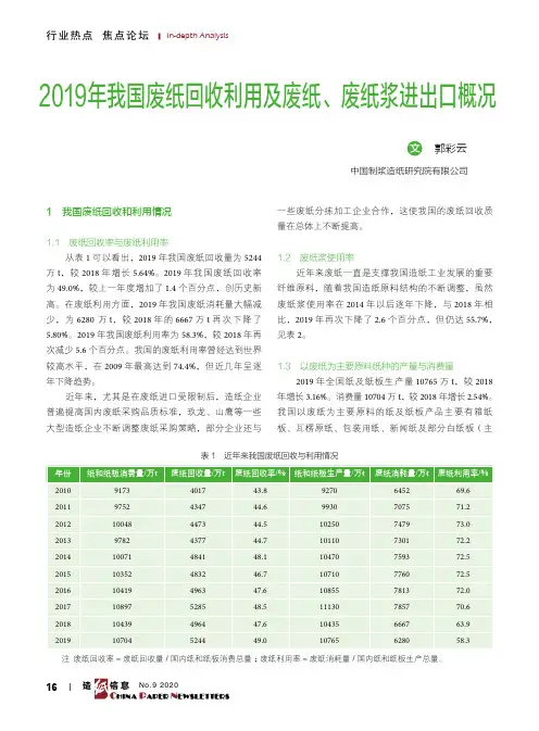 2019年我国废纸回收利用及废纸、废纸浆进出口概况