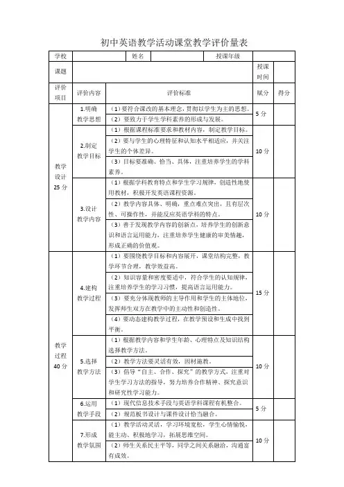 初中英语教学课堂教学评价表