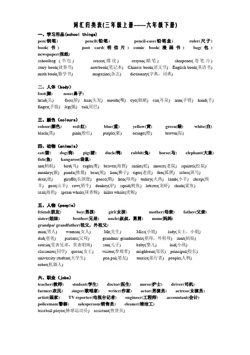 PEP全册词汇归类表(三-六年级)