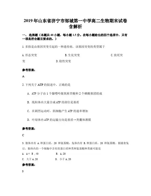 2019年山东省济宁市邹城第一中学高二生物期末试卷含解析
