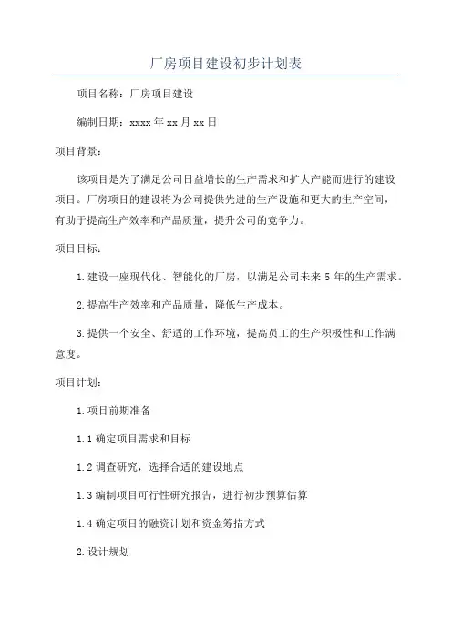 厂房项目建设初步计划表