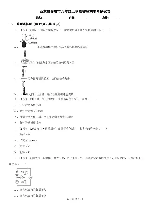 山东省泰安市九年级上学期物理期末考试试卷
