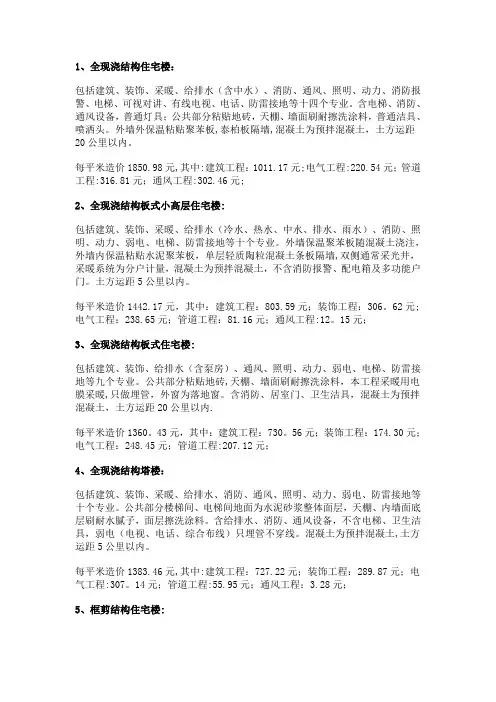 建筑工程造价指标汇总