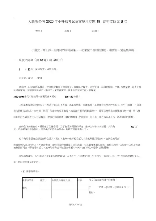 人教版备考2020年小升初考试语文复习专题19：说明文阅读B卷