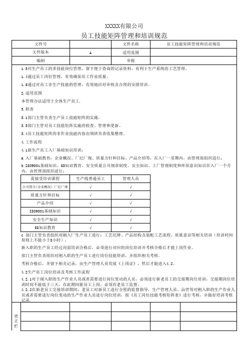 员工技能矩阵管理和培训规范1