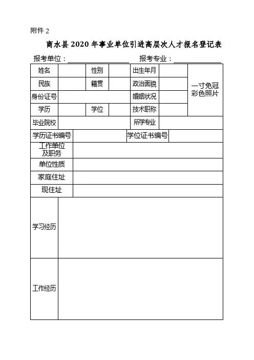 商水县2020年事业单位引进高层次人才报名登记表【模板】