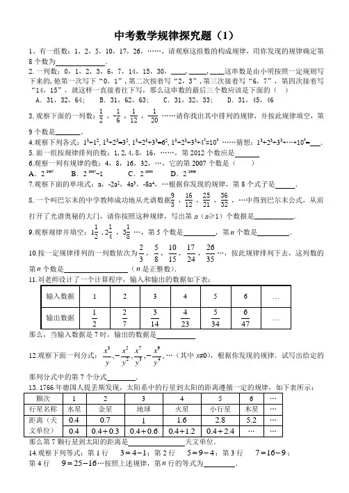 中考数学规律探究题(1)含答案