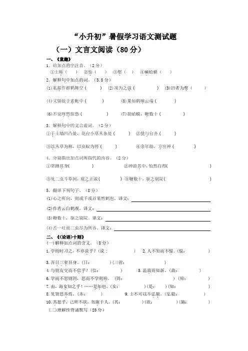 小升初”暑假学习语文测试题