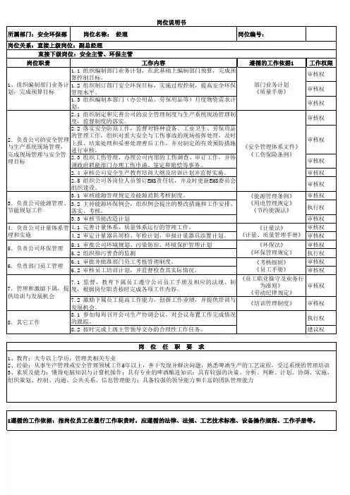 安全环保部岗位说明书