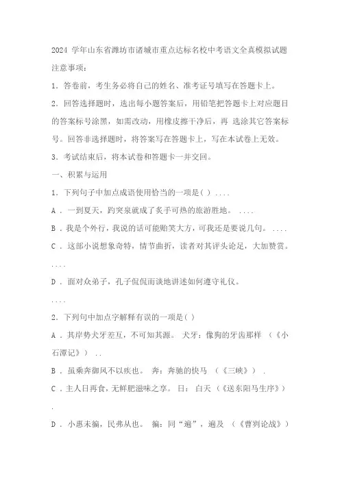 2024学年山东省潍坊市诸城市重点达标名校中考语文全真模拟试题(含解析)
