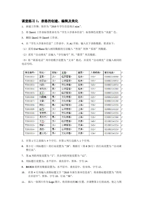 EXCEL练习1-表格创建、编辑和美化(1)