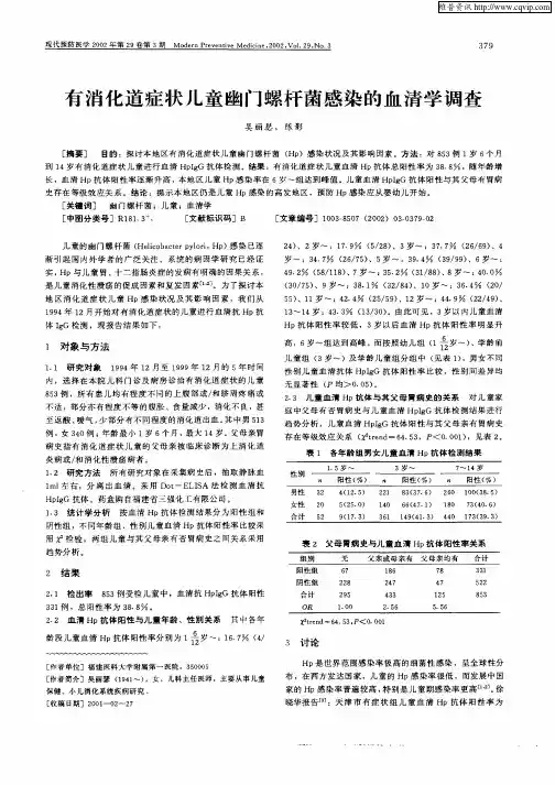 有消化道症状儿童幽门螺杆菌感染的血清学调查