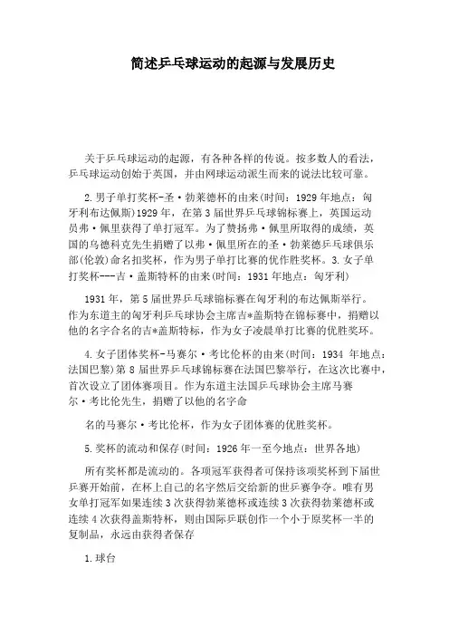 简述乒乓球运动的起源与发展历史