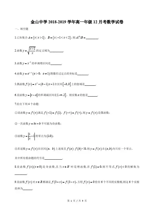 2018-2019年上海市金山中学高一上12月月考 数学试卷