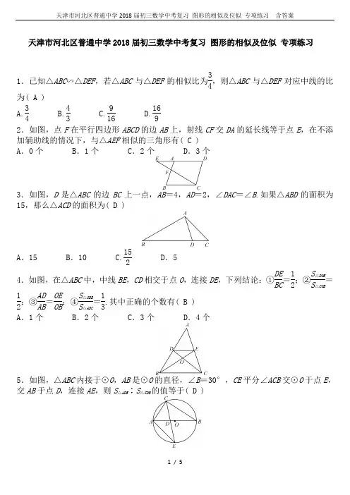 天津市河北区普通中学2018届初三数学中考复习 图形的相似及位似 专项练习  含答案