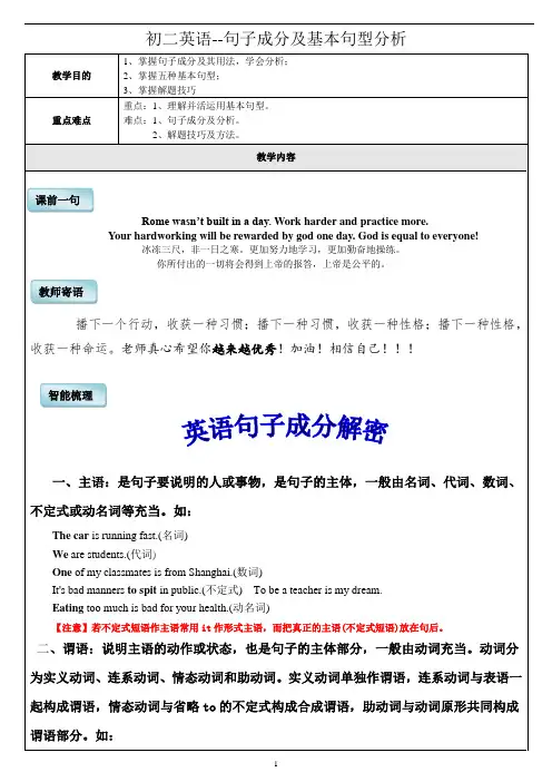 初二英语--句子成分及基本句型讲解