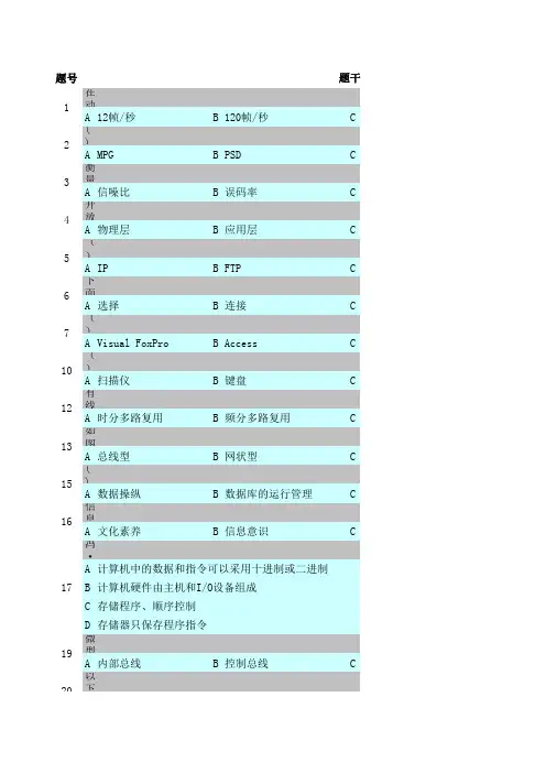 2014年6月福建省计算机一级考试选择题及答案