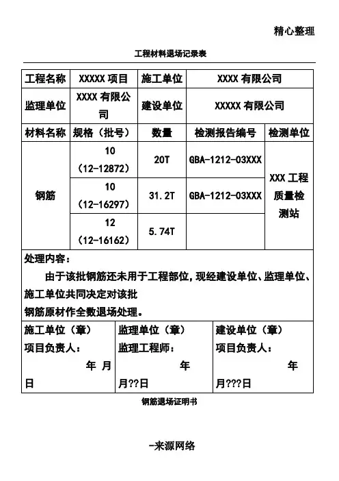 工程材料退场记录表格模板