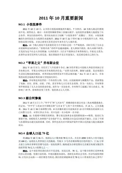 2011年10月十大新闻