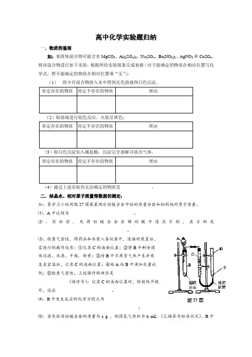 高考一轮复习：高中化学实验题归纳(有答案)