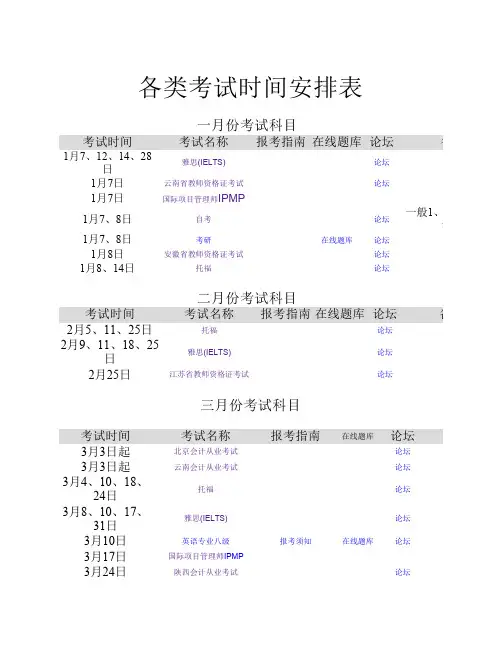 各类考试时间表 每年都会进行的考试时间安排