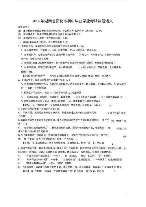 湖南省怀化市2019年中考语文真题试题(含解析)