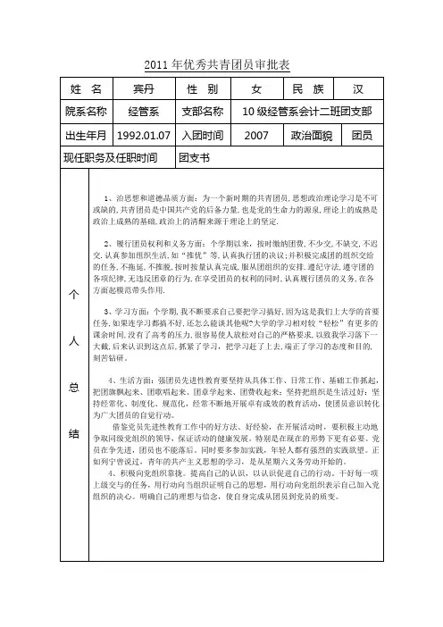 优秀共青团员审批表
