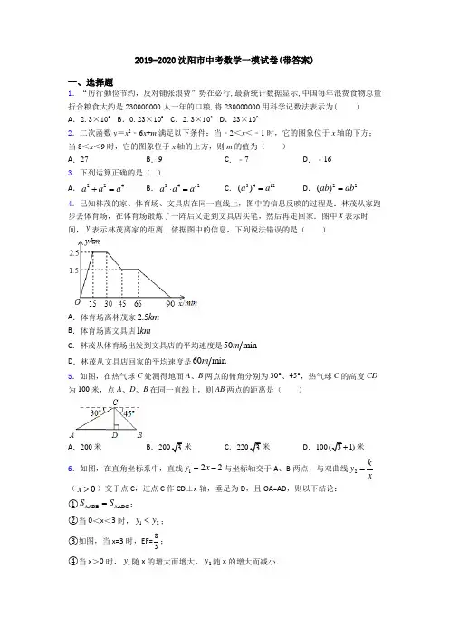 2019-2020沈阳市中考数学一模试卷(带答案)