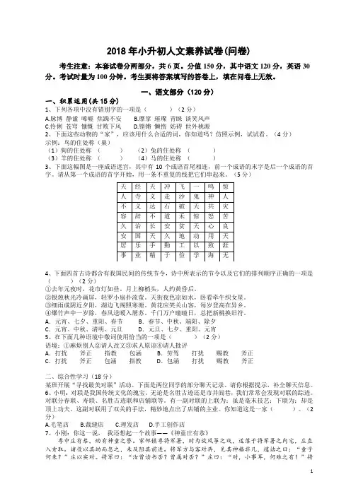 2018-2019年度 祁阳文昌中学 小升初选拔考试 新生入学 语文 英语 试卷