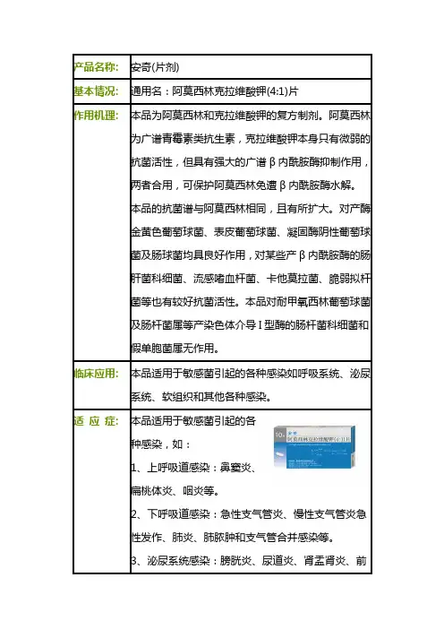 安奇(阿莫西林克拉维酸钾)药品说明书