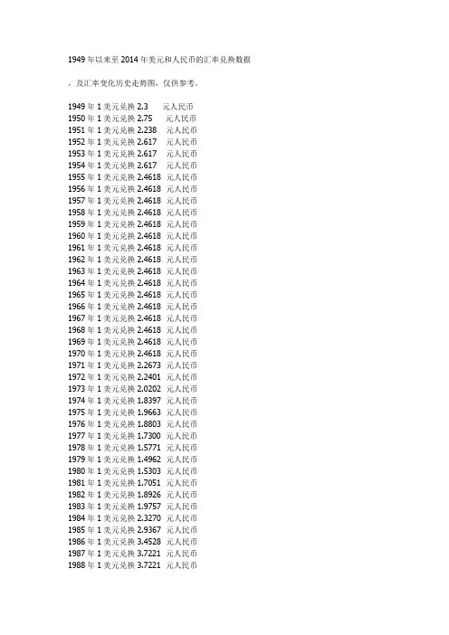 1949年以来至2014年美元和人民币的汇率兑换数据