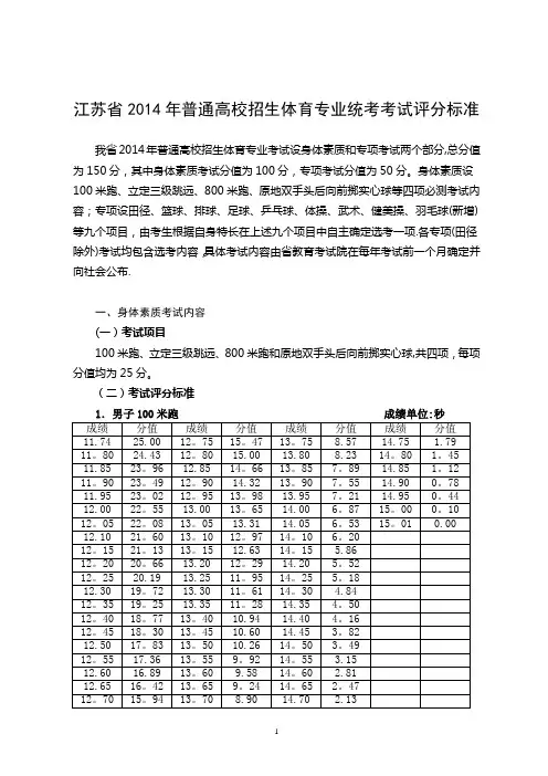 2014年江苏体育高考方案评分标准